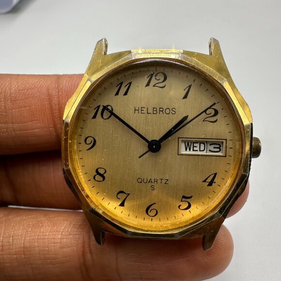 Vintage Helbros Watch Men Gold Tone  Day Date Case Only  No Band 32MM Working - Picture 1 of 7
